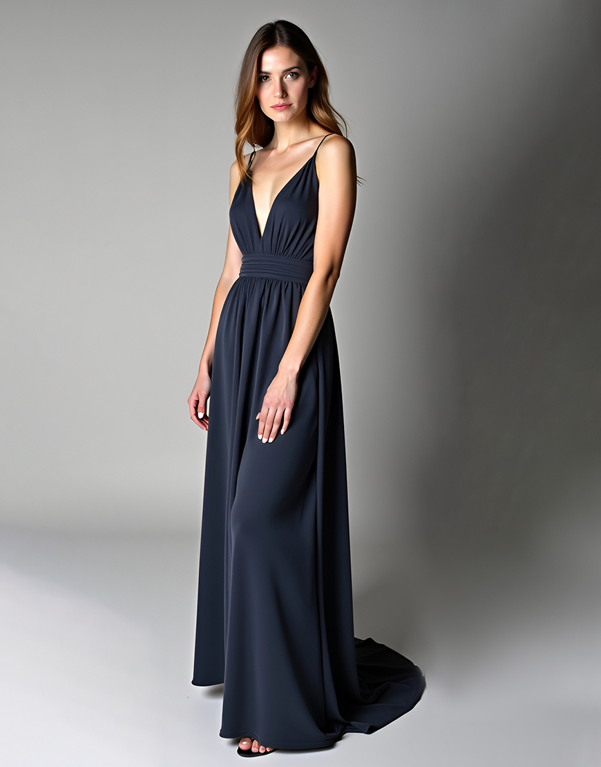 A Line Navy Spaghetti Straps Ruched Long Formal Dress