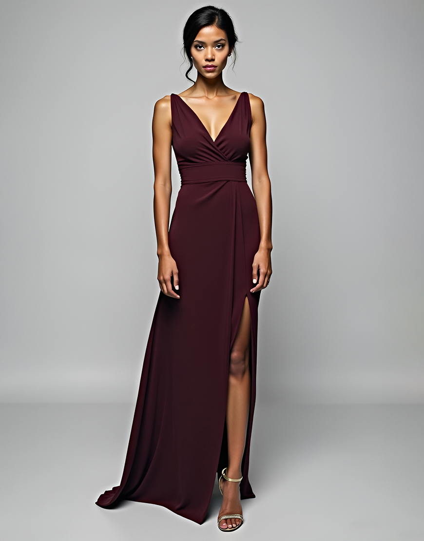 Cabernet Sheath V Neck Ruched Long Formal Dress With Slit