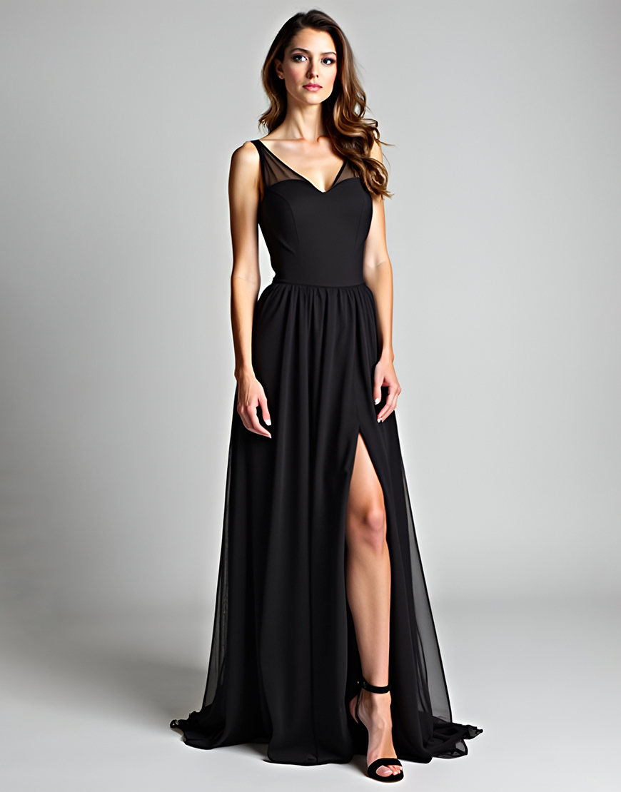 Black A Line Spaghetti Straps Long Formal Dress With Slit