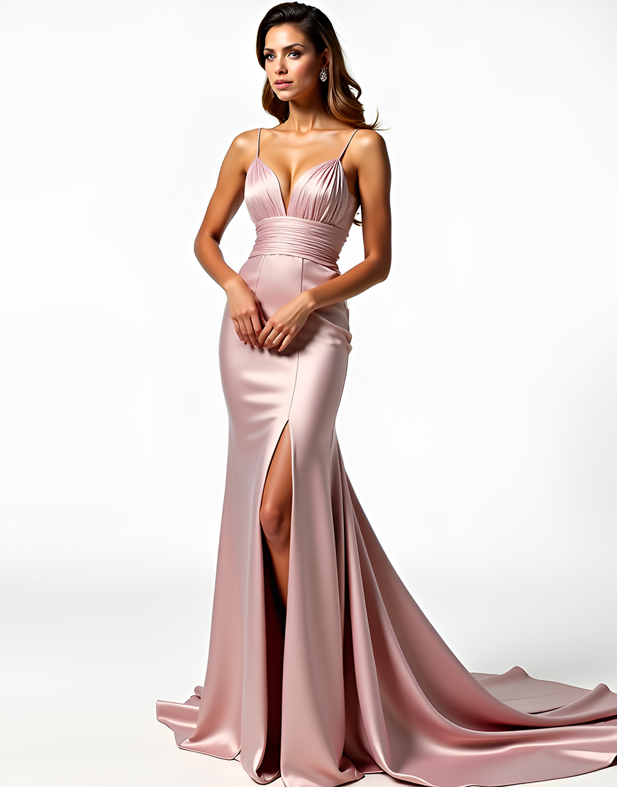 Dusty Rose Sheath Spaghetti Straps Ruched Long Prom Dress With Slit