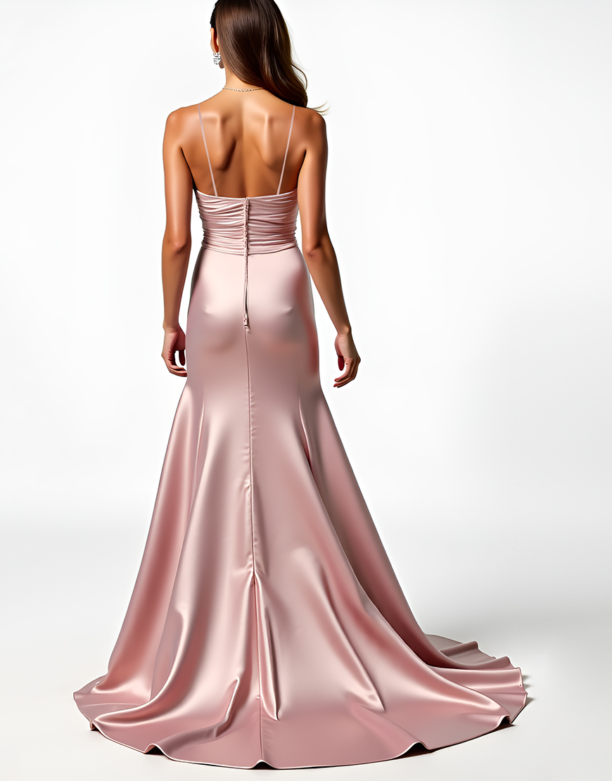 Dusty Rose Sheath Spaghetti Straps Ruched Long Prom Dress With Slit