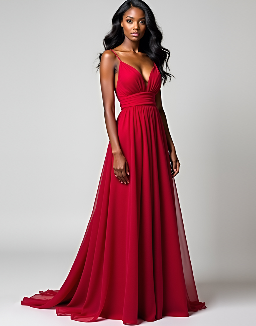 Red A Line Spaghetti Straps Ruched Long Tulle Formal Dress 