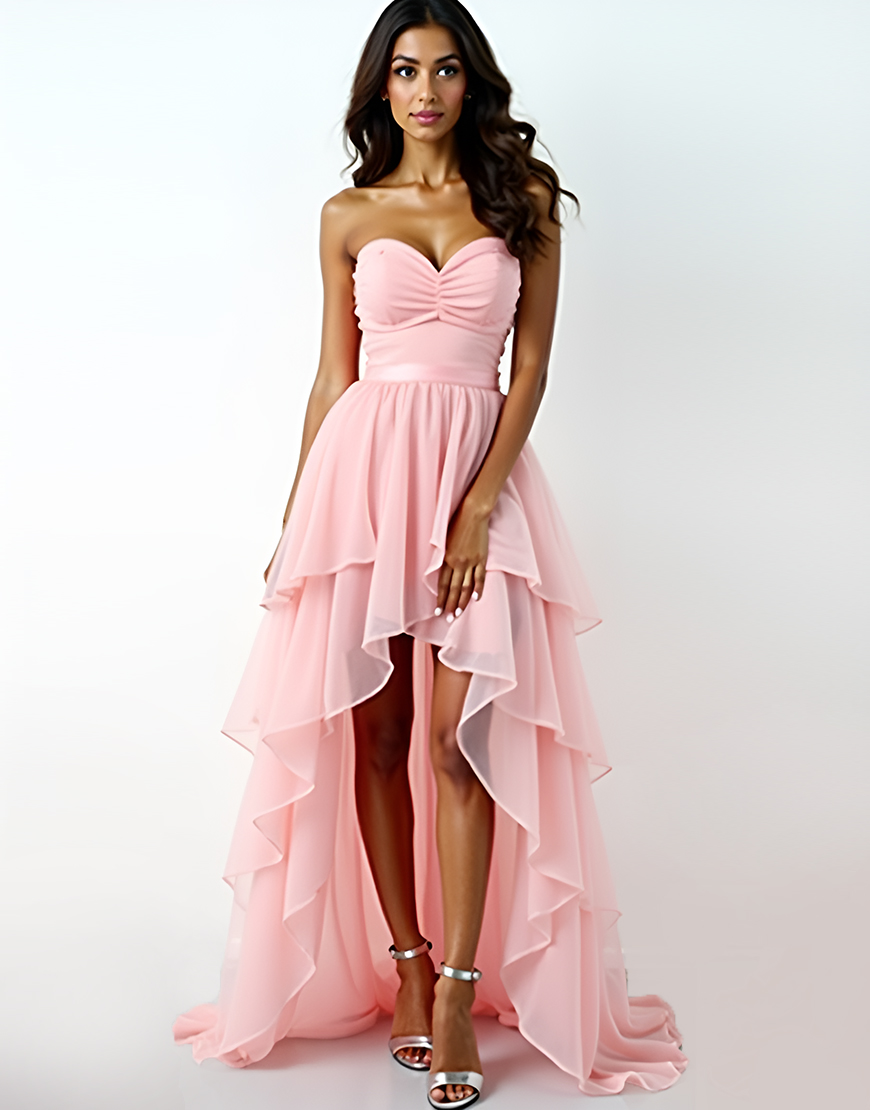 Blush Pink A Line Strapless Ruched Long Tulle Formal Dress With Ruffles