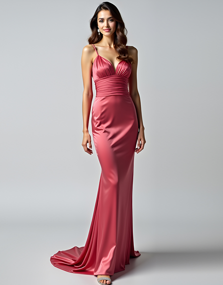 Watermelon Bodycon Spaghetti Straps Ruched Long Satin Formal Dress 