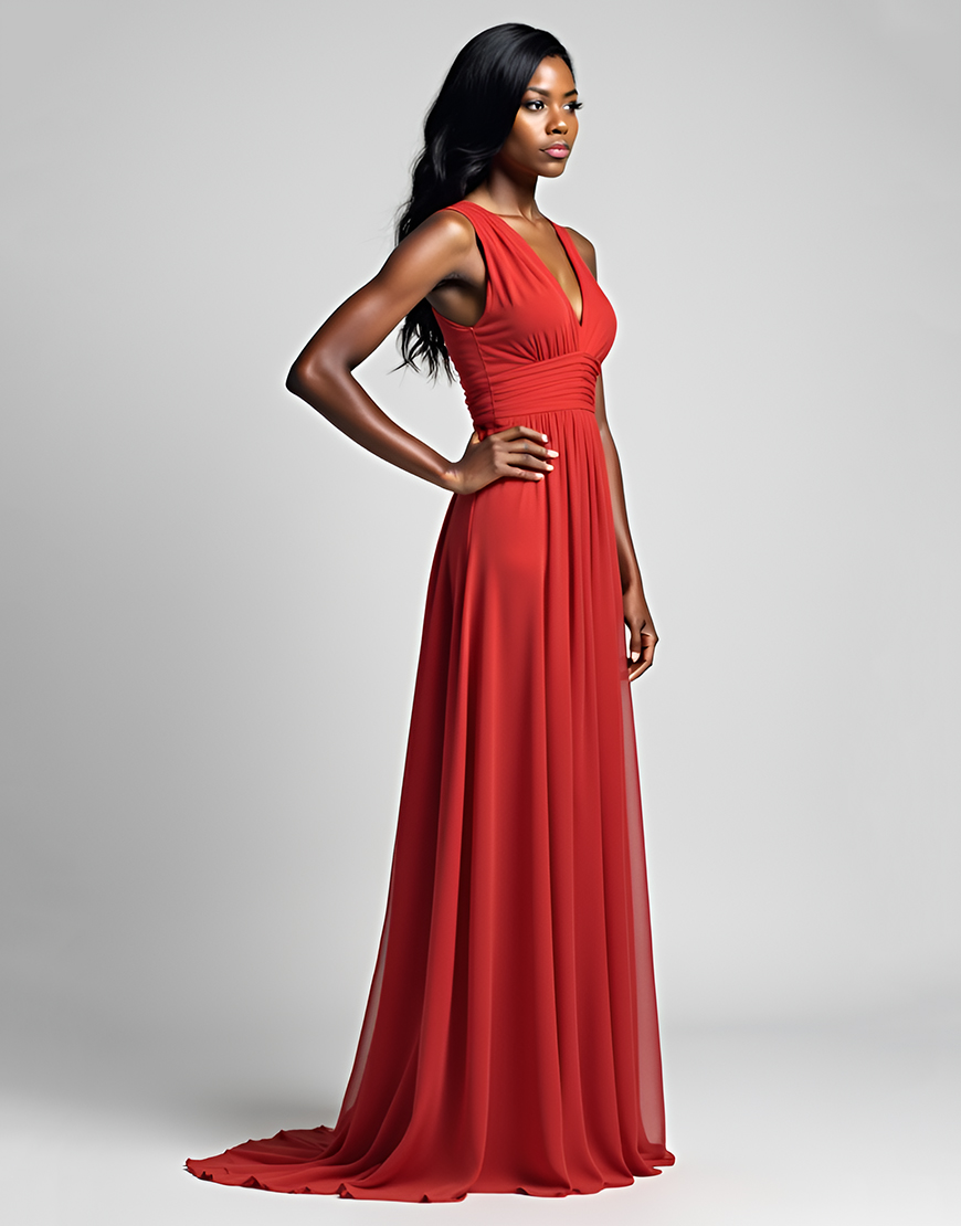 Red A Line V Neck Ruched Long Tulle Formal Dress 
