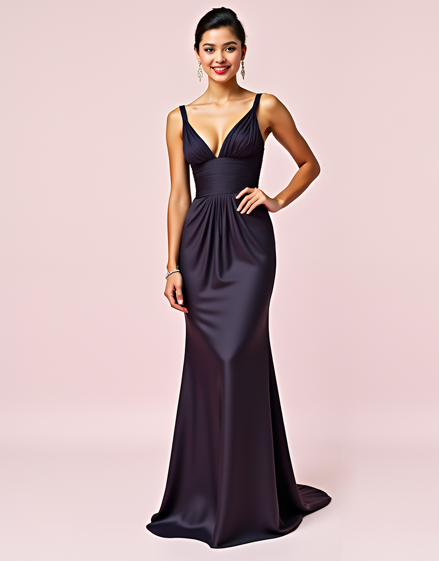 Bodycon Navy Spaghetti Straps Ruched Long Satin Formal Dress