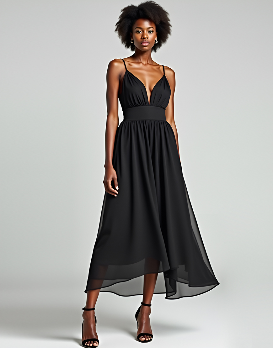Black A Line Spaghetti Straps Ruched Ankle Length Tulle Formal Dress