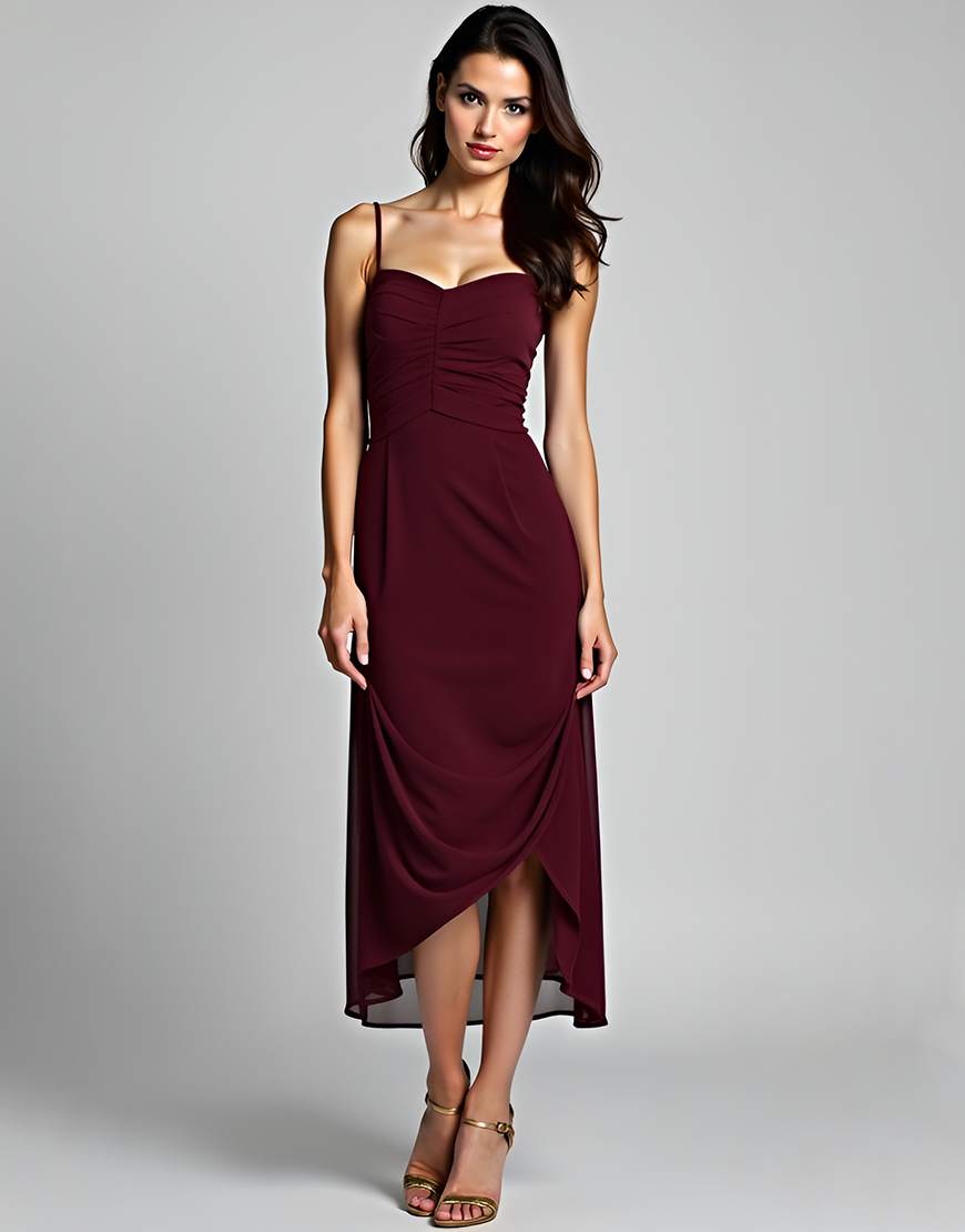 A Line Cabernet Spaghetti Straps Ruched Ankle Length Formal Dress