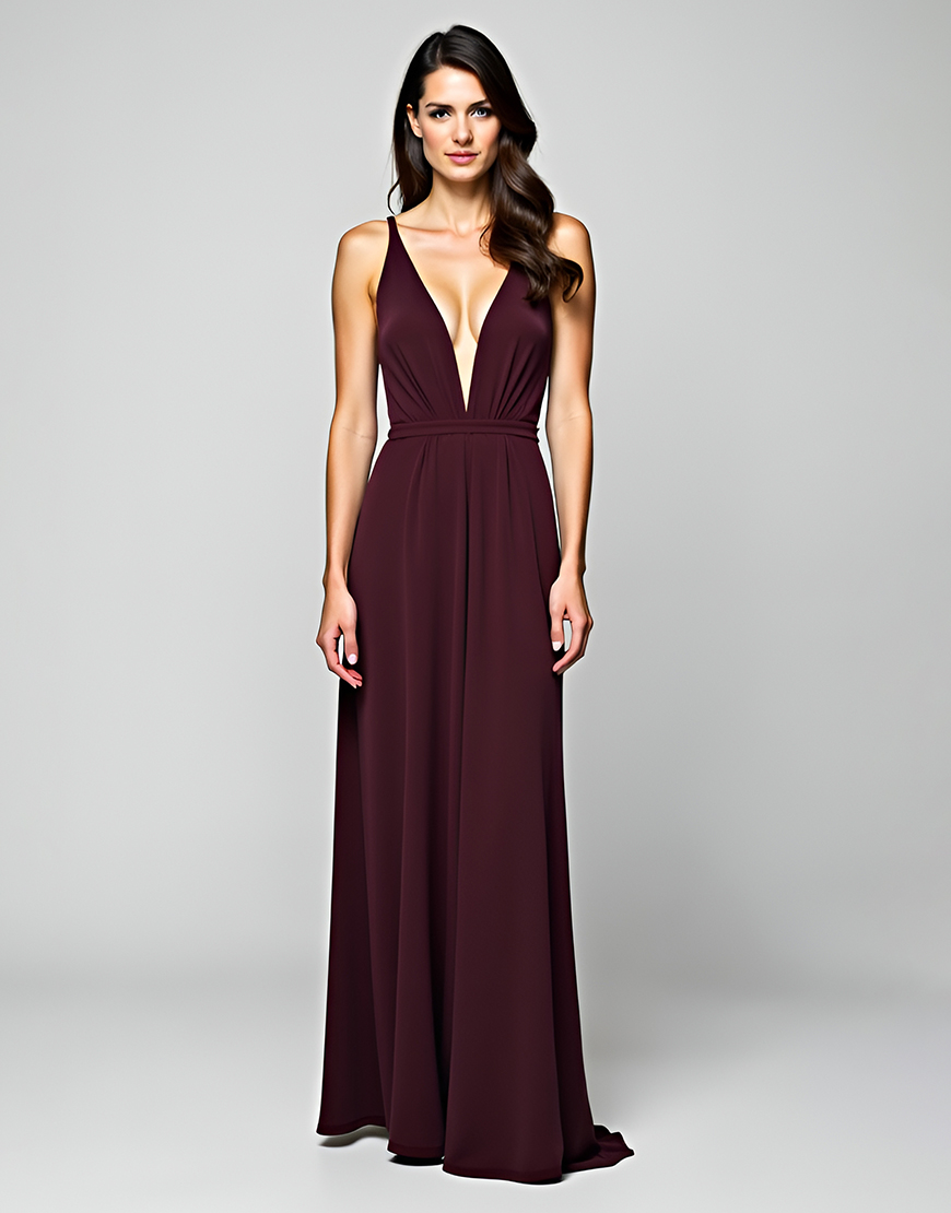 A Line Cabernet Deep V Satin Long Formal Dress