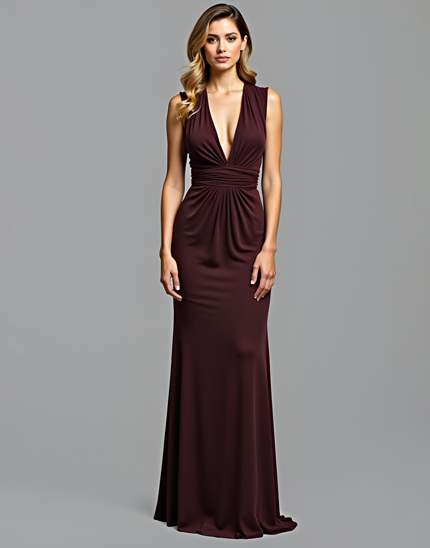 Sheath Cabernet Deep V Ruched Satin Long Formal Dress