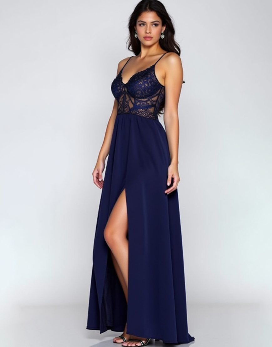A-Line Navy Spaghetti Straps Lace Corset Long Prom Dress With Slit