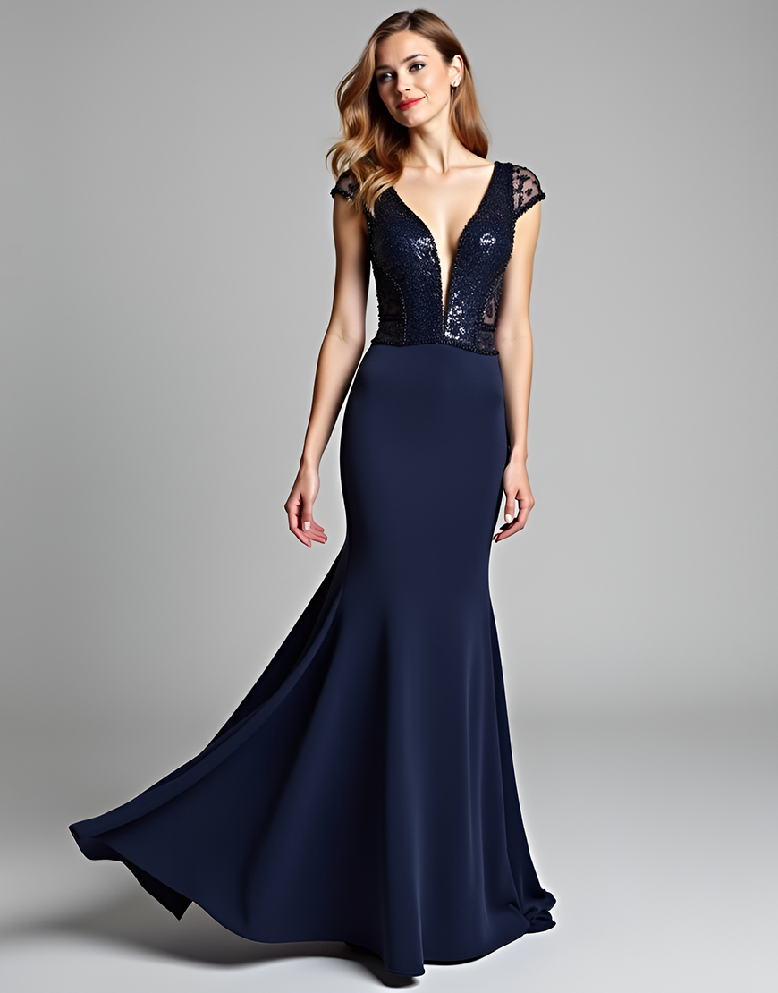 Sparkly Navy Mermaid Deep V Lace Long Prom Dress With Sequin