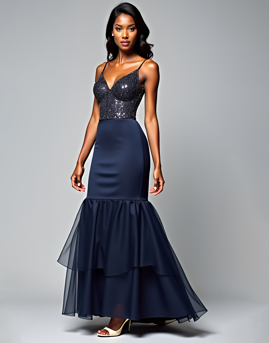 Sparkly Navy Mermaid Spaghetti Straps Sequined Long Prom Dress With Ruffles