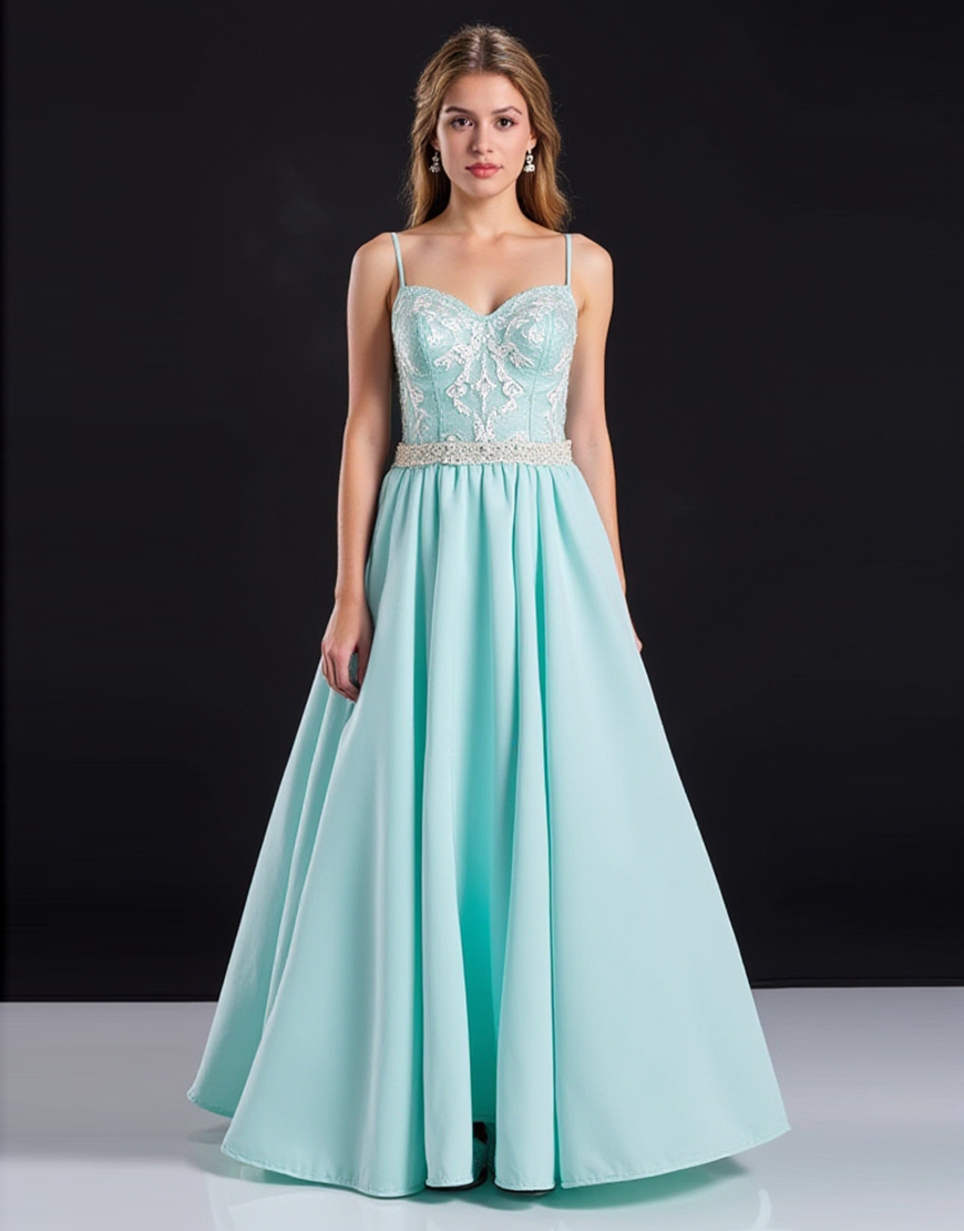 Mint A-Line Spaghetti Straps Prom Dress With Lace Appliques
