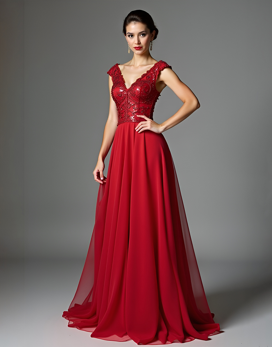 Sparkly Dark Red A-Line V Neck Corset Long Tulle Prom Dress With Beading