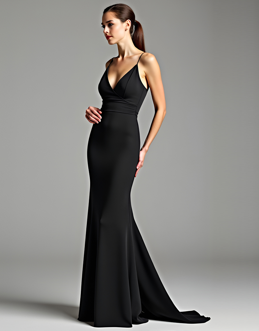 Bodycon Black Spaghetti Straps Open Back Long Satin Prom Dress 