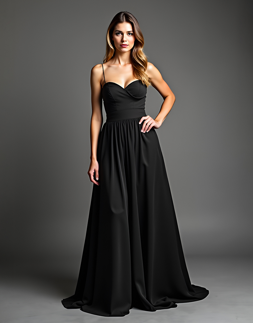 Black A-Line Spaghetti Straps Ruched Long Satin Prom Dress 
