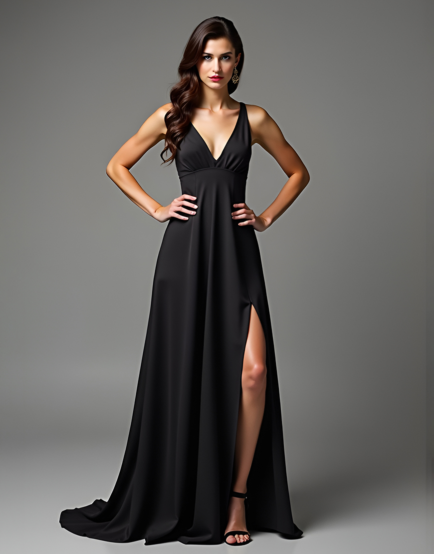 Black A-Line V Neck Open Back Long Satin Prom Dress With Slit