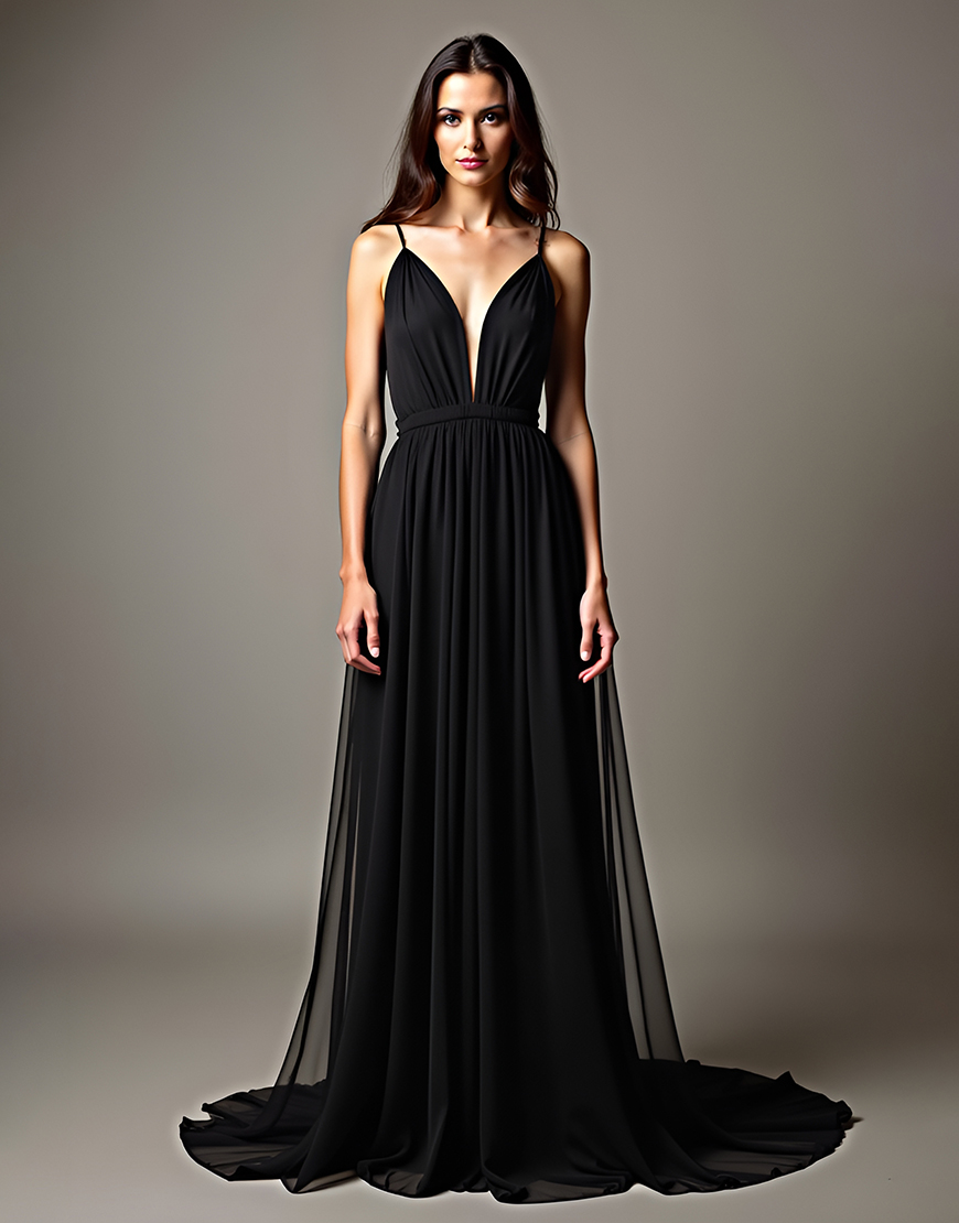 Black A-Line Spaghetti Straps Ruched Long Tulle Prom Dress 