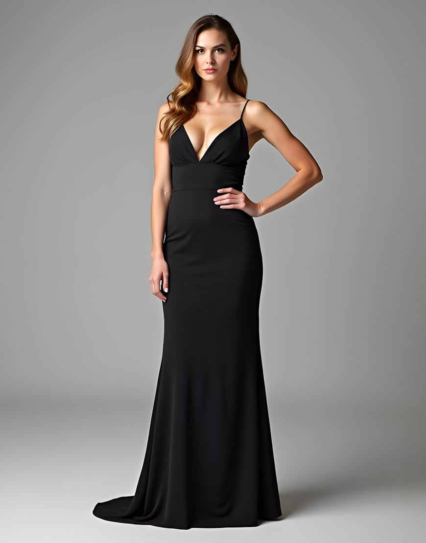 Sheath Black Spaghetti Straps Empire Waist Long Satin Prom Dress 