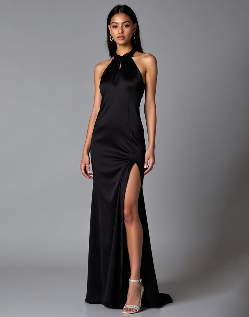 Black Sheath Halter Ruched Long Satin Prom Dress With Slit