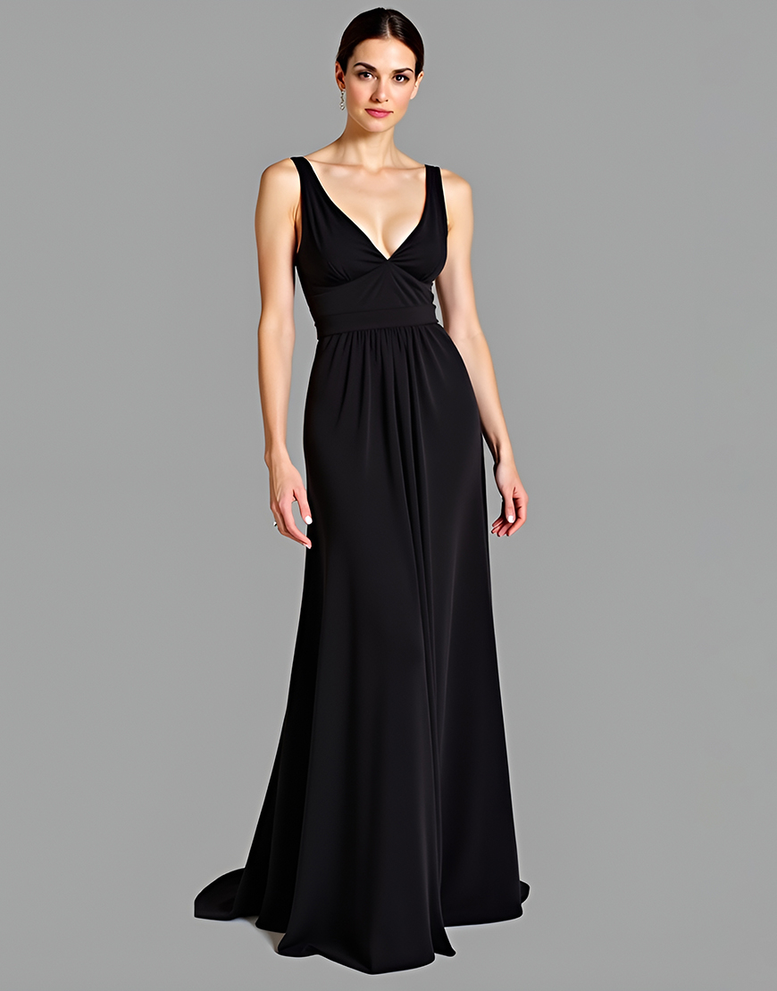 A-Line Black V Neck Open Back Ruched Long Satin Prom Dress 