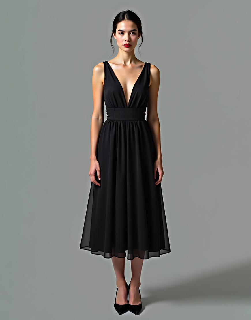 A Line Black V Neck Ankle Long Tulle Prom Dress 