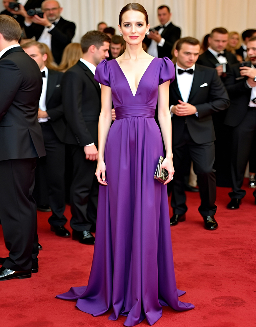 Elegant Purple A Line V Neck Puff Sleeve Long Gala Dress 