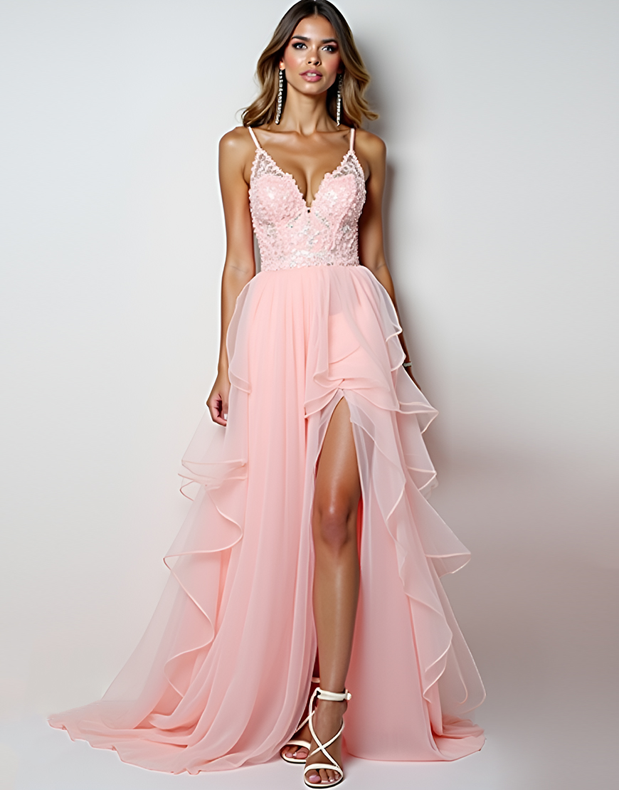Blush Pink A-Line Spaghetti Straps Ruffes Tulle Appliques Long Prom Dress with Slit
