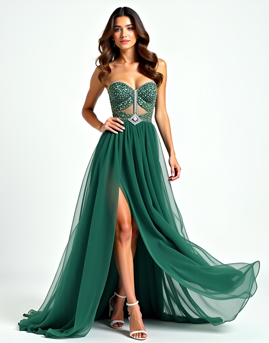 Dark Green A-Line Strapless Beading Tulle Long Prom Dress with Slit