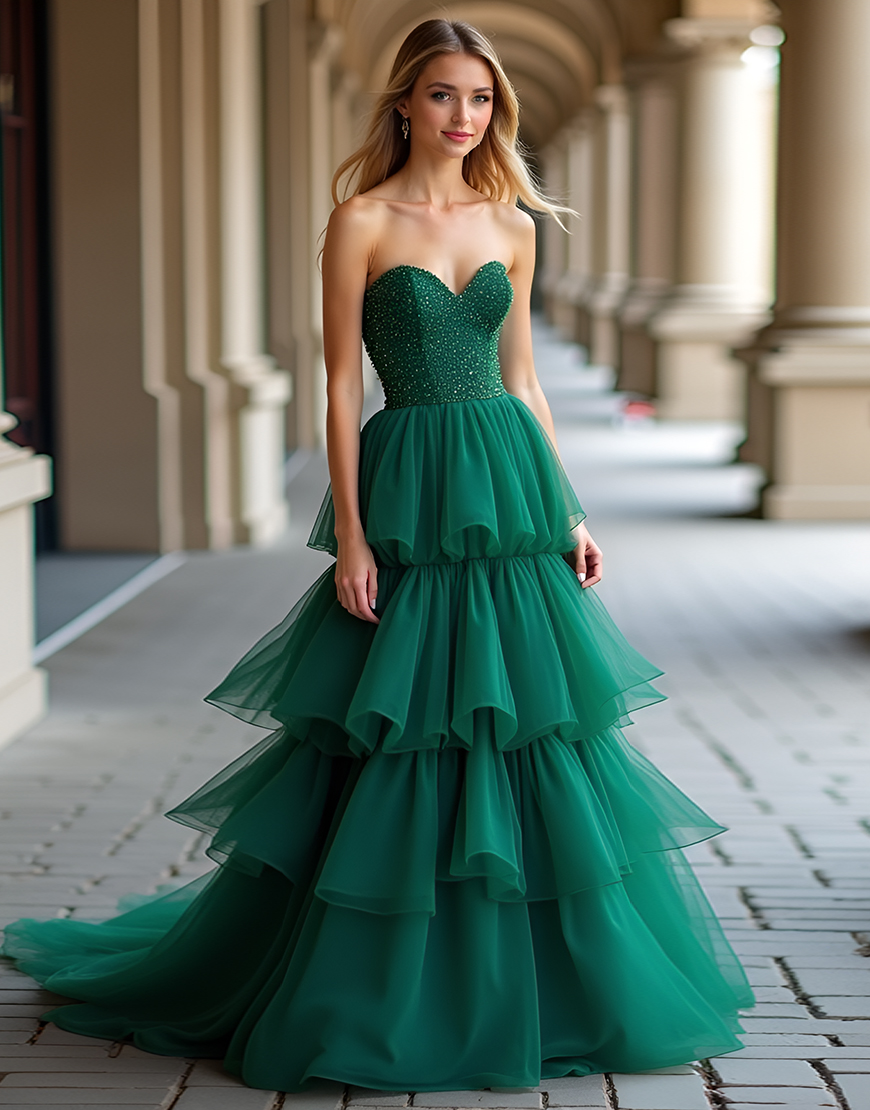 Dark Green A-Line Strapless Ruffles Long Prom Dress with Sequins