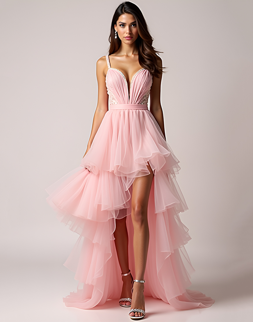 Blush Pink Tulle Beaded A-Line High Low Ruffles Prom Dress