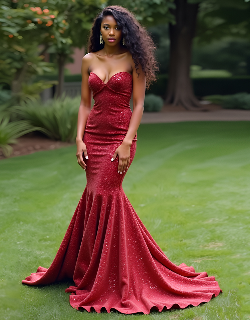 Sparkly Burgundy Mermaid Strapless Sequins Long Prom Dress
