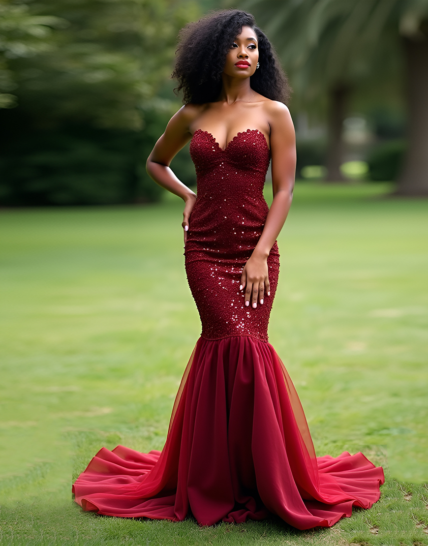 Sparkly Burgundy Mermaid Strapless Long Prom Dress with Sequins