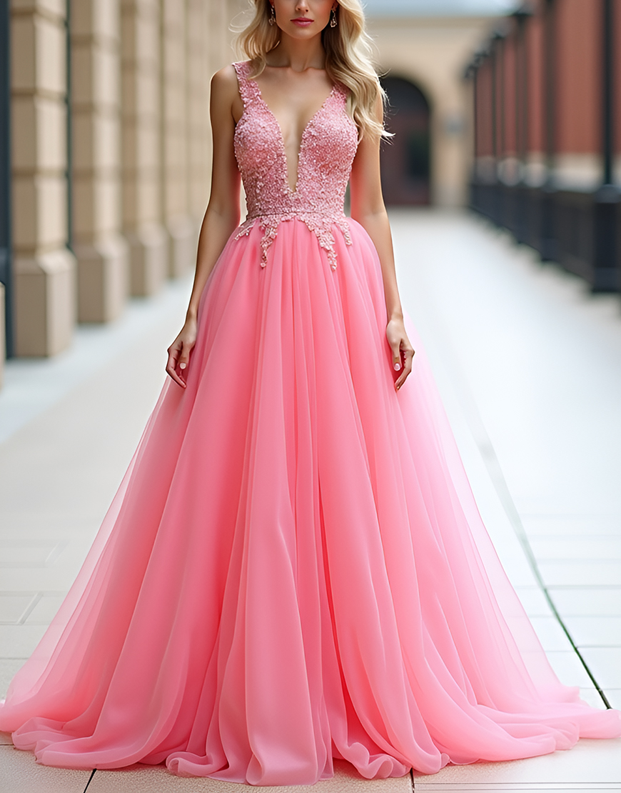 Pink A Line Deep V Neck Tulle Ball Gown with Appliques