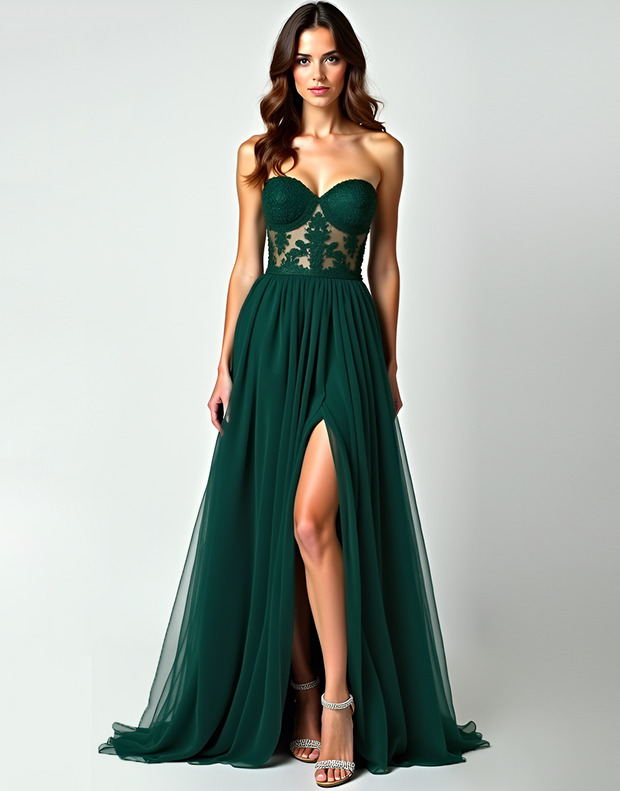 Dark Green A Line Strapless Lace Long Prom Dress With Slit