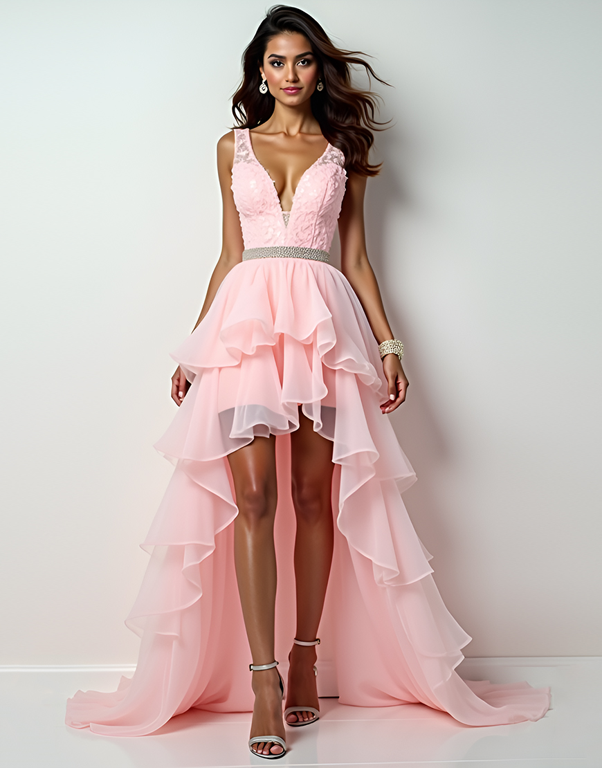 Blush Pink A-Line Deep V Neck Ruffles High Low Prom Dress