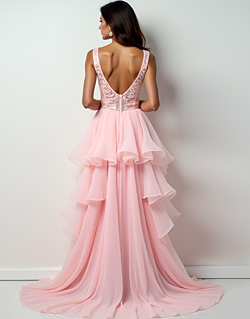 Blush Pink A-Line Deep V Neck Ruffles High Low Prom Dress