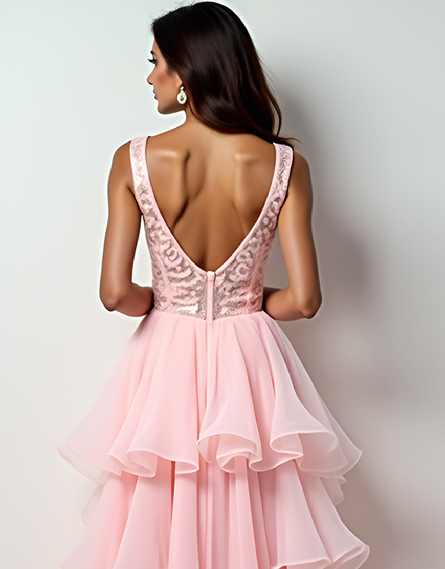 Blush Pink A-Line Deep V Neck Ruffles High Low Prom Dress
