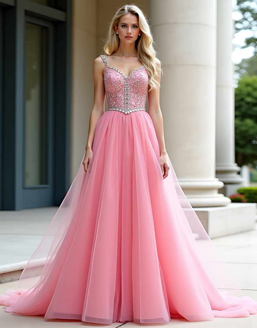 Pink A-Line Spaghetti Straps Tulle Ball Gown with Beading