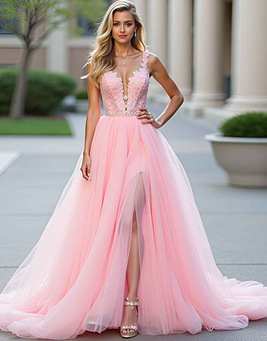 Blush Pink A-Line Appliques Tulle Long Prom Dress with Slit