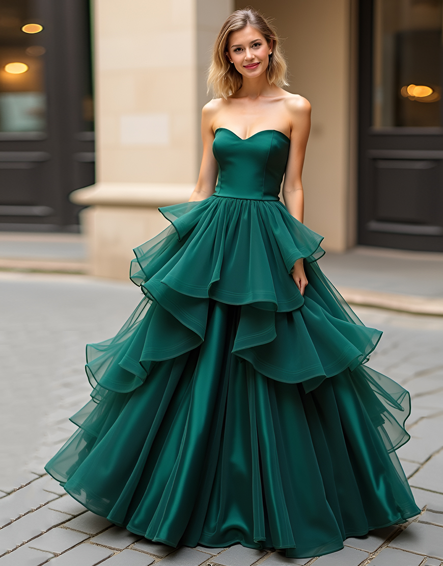 Dark Green Strapless Ruffles Tulle Ball Gown