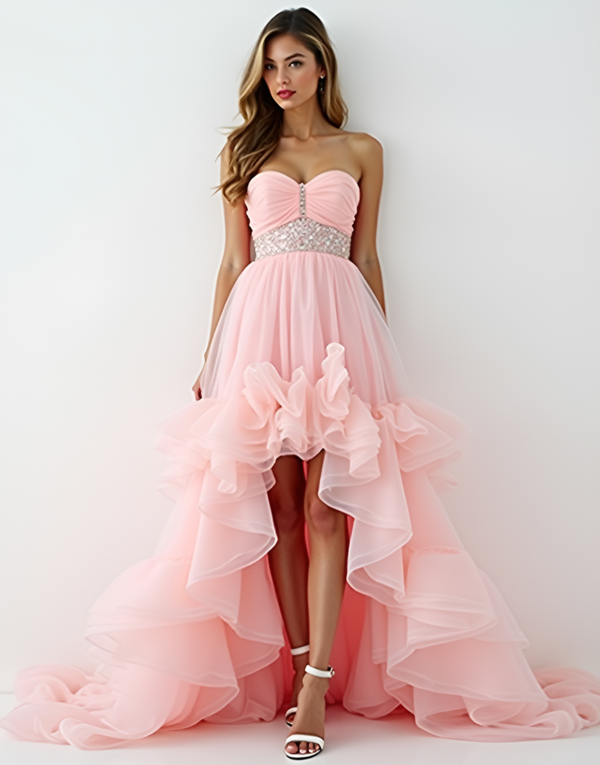 Blush Pink A-Line Strapless Ruffles Tulle Beading High Low Prom Dress