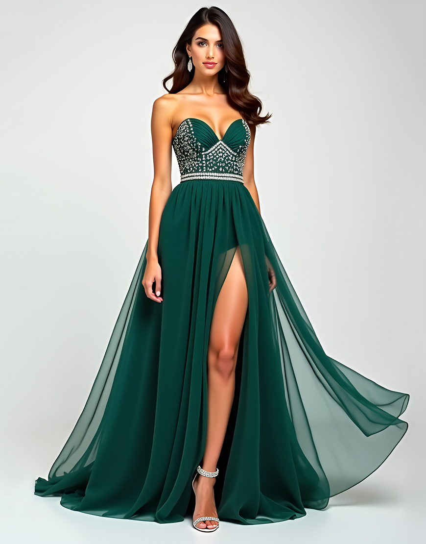 Sparkly Dark Green A Line Sweetheart Slit Long Prom Dress With Sequin