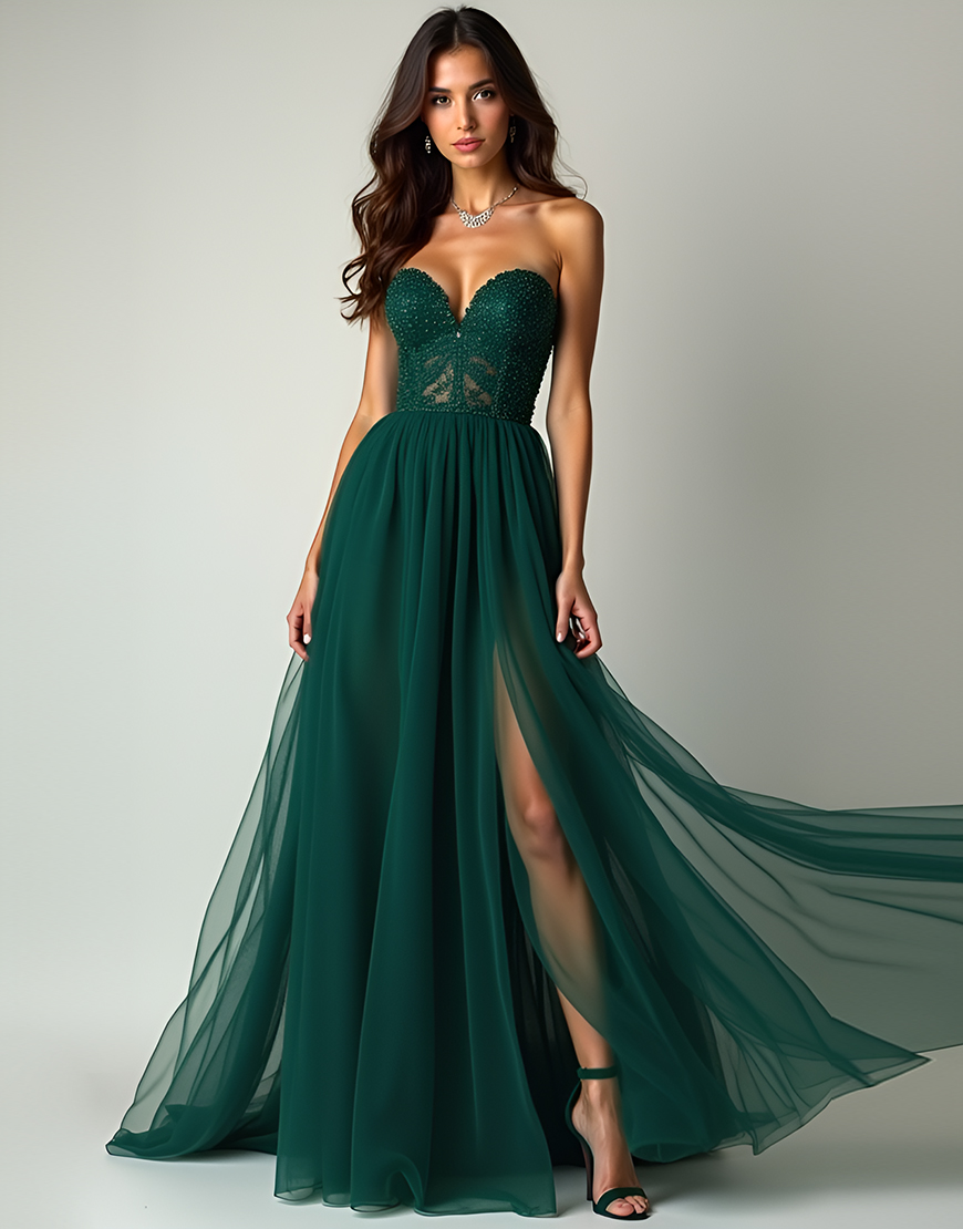 Sparkly A Line Dark Green Sweetheart Sequined Long Prom Dress With Slit