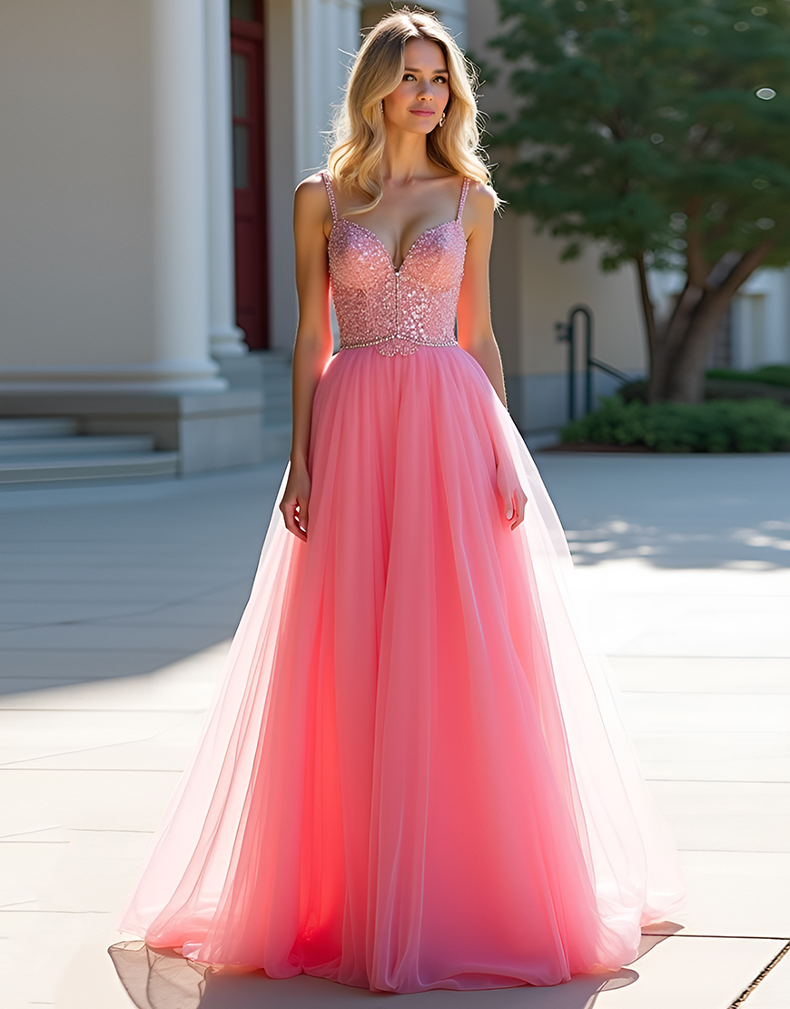 Blush Pink Spaghetti Straps Tulle Ball Gown with Beading
