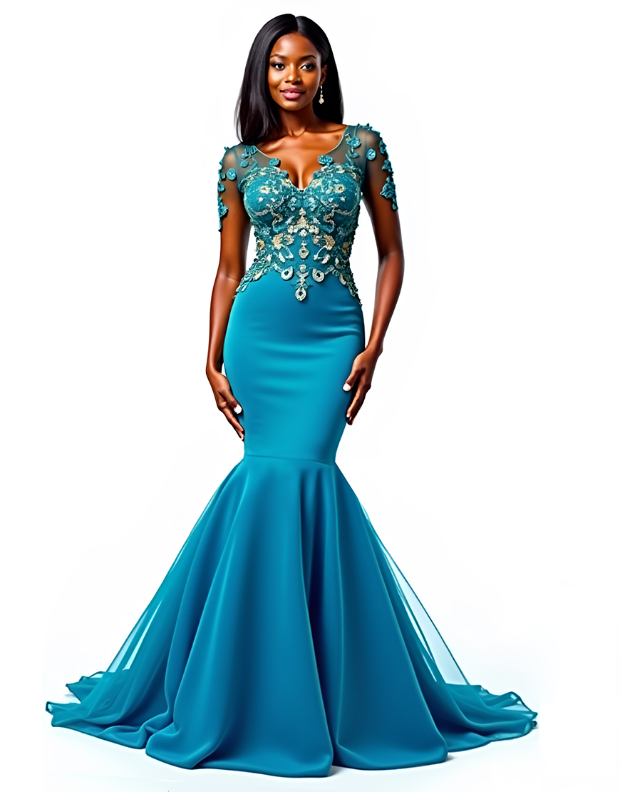 Blue Mermaid V Neck Long Formal Dress With Lace Appliques