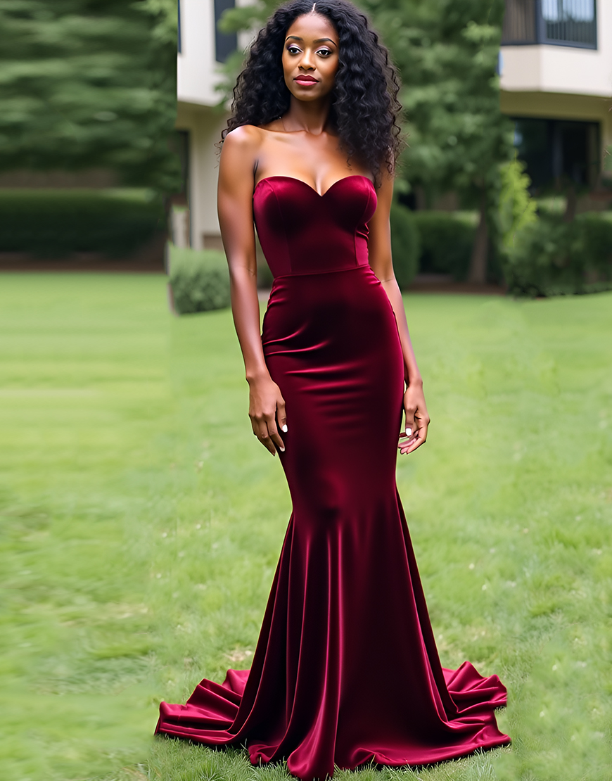 Elegant Burgundy Mermaid Strapless Velvet Long Prom Dress