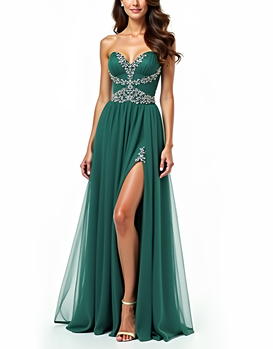 A Line Dark Green Sweetheart Slit Long Prom Dress With Appliques