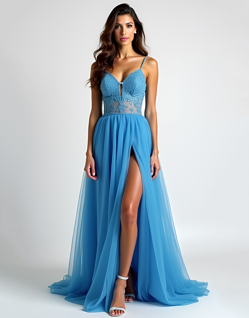 Sparkly A Line Light Blue Spaghetti Straps Slit Long Prom Dress With Sequin